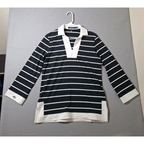 Polo Golf Ralph Lauren Tunic Top Womens Medium Performance B lack White Stripes - Picture 1 of 8